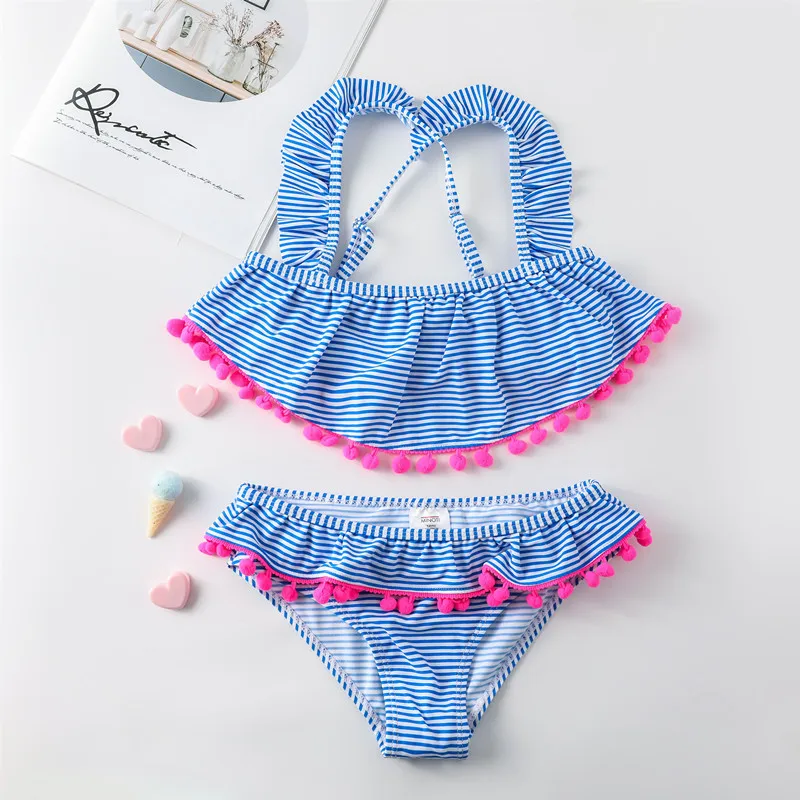 

2019 New Girls Swimsuit With Ruffle 2-14years Children's Swimwear Two Piece Blue Striped Swimsuit For Girl Bathing Suit G1-CZ958