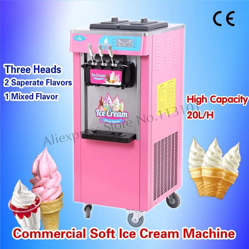 Pink Color Ice Cream Machine for Restaurants Ice Cream Business Three Heads with Universal Wheels 220V Digital Control System