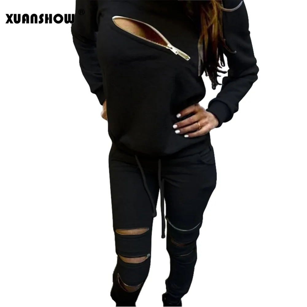 XUANSHOW Модные женские спортивные костюмы на молнии с круглым вырезом и длинным