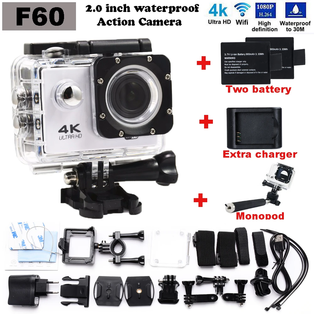  Hot sale hero 4 style Camera 4K F60 WiFi Action Cam Ultra HD 16MP 2 inch Screen Waterproof 30M Add Two battery+charger+Monopod 