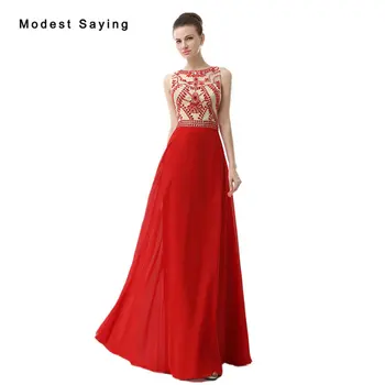 

Elegant Red A-Line O Neck Beaded Evening Dress 2017 with Rhinestone Formal Women Long Party Prom Gowns vestido longo de festa