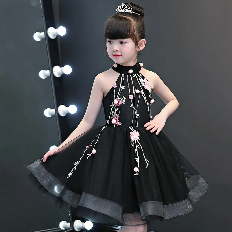 Luxury Black Flower Girl Dresses Halter Embrodiery Kids Formal Dress Birthday Costume Off the Shoulder Ball Gown Girl Prom Dress halter off shoulder open back midi dress