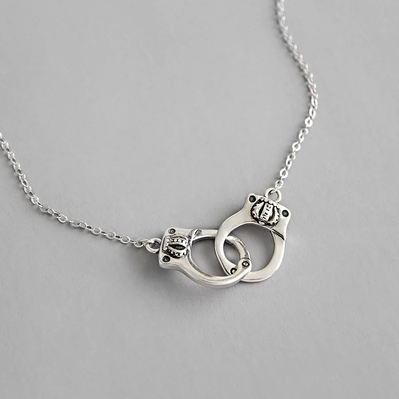 

Vintage Gift Authentic 925 Sterling silver Retro Love handcuffs Pendant necklace Fine Jewelry Women's TLx388