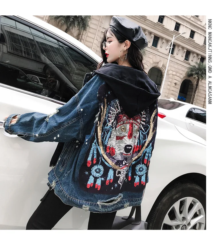 Harajuku, Модная Джинсовая куртка с блестками и волком, женская одежда, светильник, Весенняя Свободная Повседневная Длинная Куртка