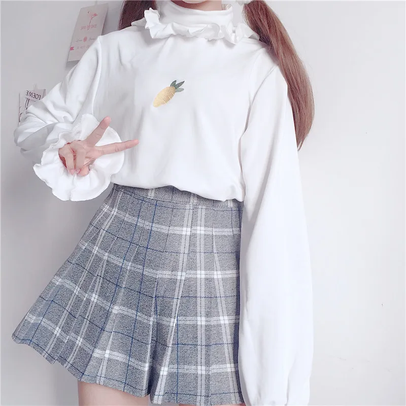 

Patchwork Ruffles Turtleneck Embroidery Cartoon Kawaii Lolita Girl Basic Top Autumn Winter Tee T Shirt Korean Pretty T-shirt New