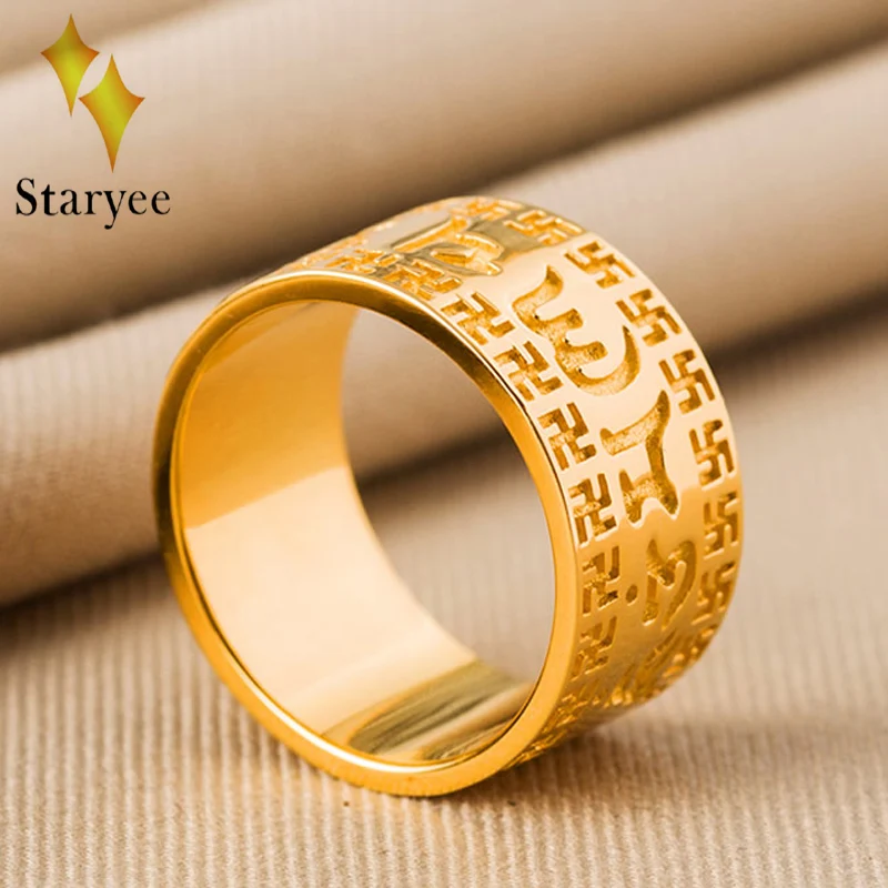 

Real 18K Au750 Solid Gold Lucky Amulet Buddhism Six True Syllable Mantra "Om Mani Padme Hum" Rings For Men Gift Fine Jewelry