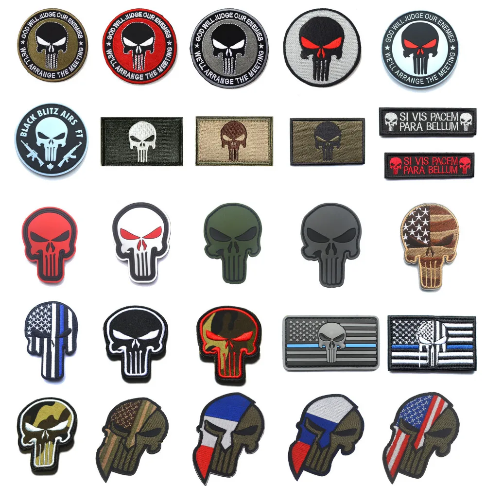 

Punisher Patches Embroidered/PVC Military Punisher Skull patch Stripes Tactical thin blue line flag patches with Hook&Loop