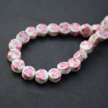 

30Pcs/Lot 10.7mm*6mm Ceramic Beads Round flat beads White with Pink Blossom for jewelry making 3661