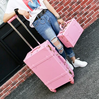 

Hotsale!High quality girl pu leather trolley luggage bag set,lovely full pink vintage suitcase for female,retro luggage gift