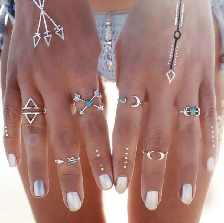 

6Pcs/Set Bohemia Turkish Vintage Beach Punk Moon Arrow Ring Set Fashion Silver Color Carved Ethnic Boho Finger Knuckle Midi Ring