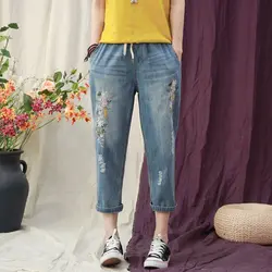 Женские летние брюки повседневные цветочные брюки с вышивкой для дам Синие рваные с высокой талией джинсы длиной до икры