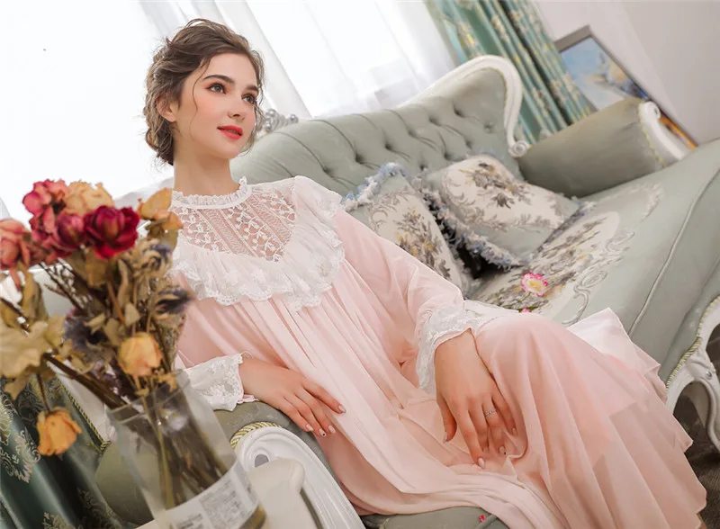 Викторианское свадебное платье для женщин осенняя одежда для сна розовая кружевная ночная рубашка с длинным рукавом хлопковая ночная рубашка белая ночная рубашка для женщин T313
