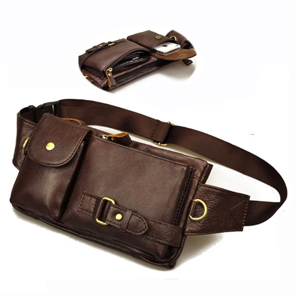 Vintage genuine leather men small belt bag Tactical outdoor travel