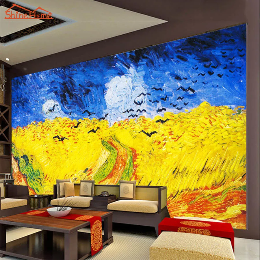 Us 935 45 Di Scontoshinehome Grandi Foto Wallpaper Per Pareti Di Carta 3 D Soggiorno Van Gogh Della Pittura A Olio Campo Di Grano Crows 3d Murale