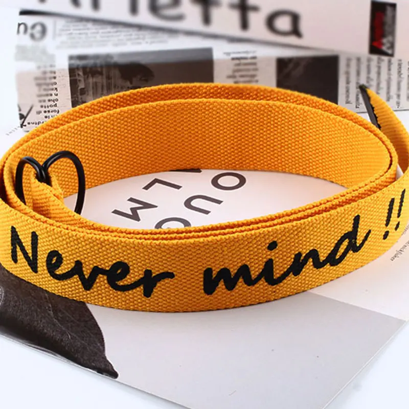 Новинка,, пояс с буквенным принтом «NEVER MIND», ремень для пары, тонкий холщовый ремень для мужчин и женщин, 3,8*130 см, круглая пряжка, пояс