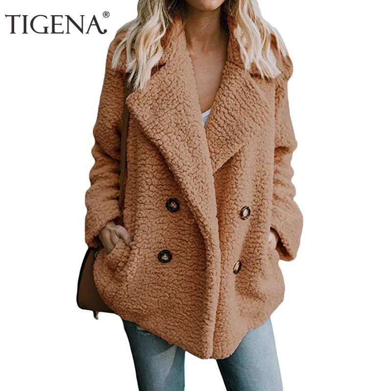 

TIGENA 2019 Autumn Winter Jacket Women Long Sleeve Double Breasted Faux Fur Bomber Jacket Coat Female Fluffy Shaggy Jacket Lady