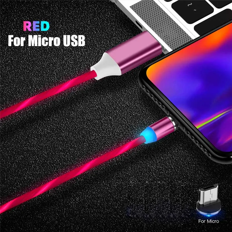 МАГНИТНЫЙ световой USB C Micro USB кабель 2A кабель для быстрой зарядки провод тип-c Магнитный зарядный кабель для телефона huawei P10 P20 - Цвет: Red For Micro