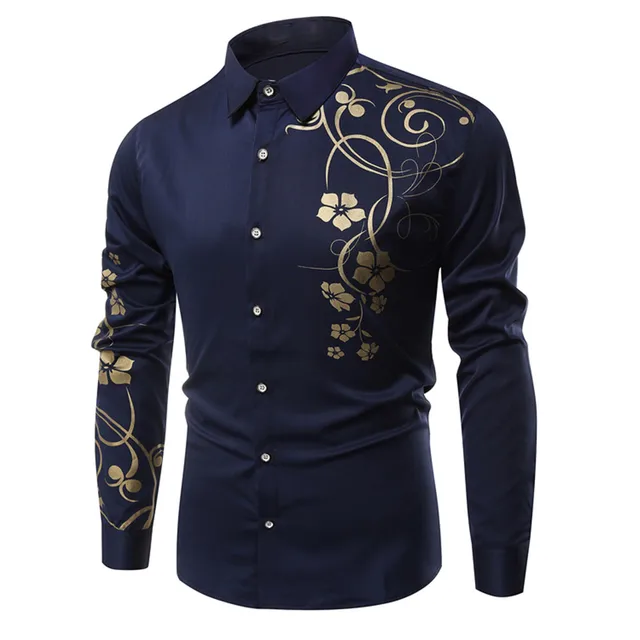 Black Slim Fit Shirt Men Party Elegant Blouse Floral Print Vintage ...