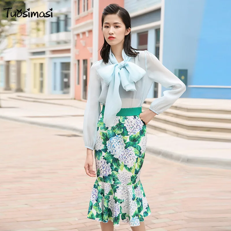 Women Clothing Sets Summer 2 Piece Set long sleeve bow sky blue blouse