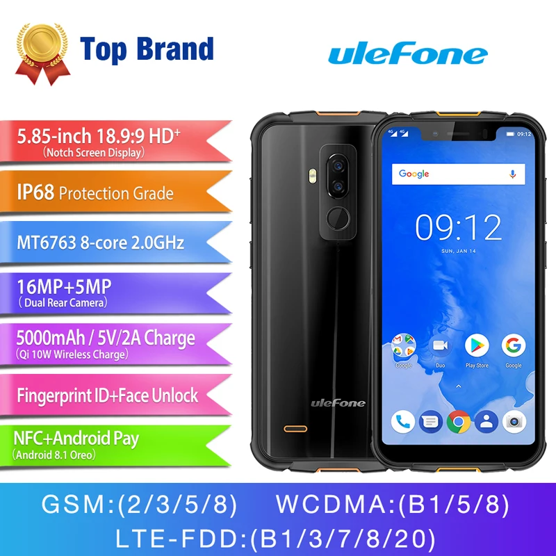 

Ulefone Armor 5 5.85" MT6763 Otca Core Android 8.1 4GB RAM 64GB ROM Wireless Charge NFC Face ID 5000mAh Waterproof Mobile Phone