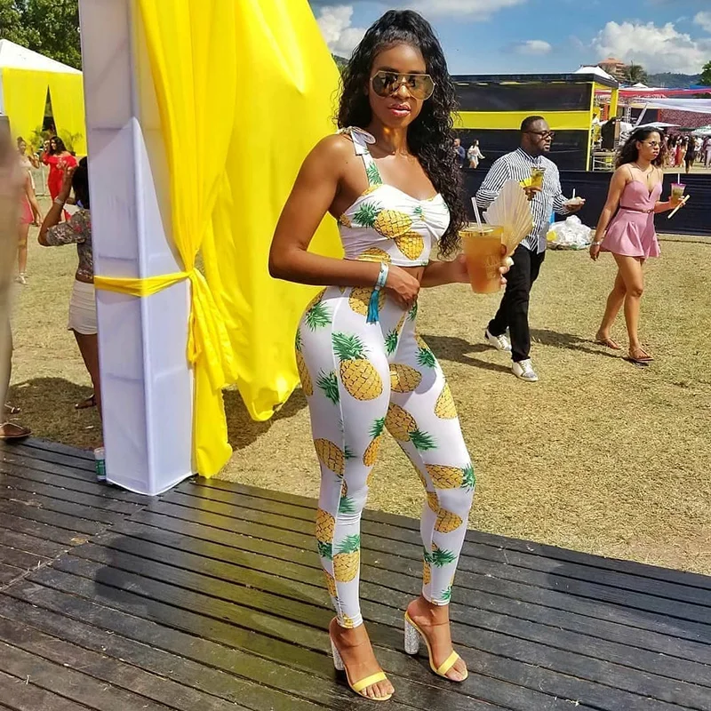 

2019 Summer Women Backless Bandage Crop Top And Pants Two Piece Set Pineapple Print Matching 2 PCS Sets Fashion Outfit