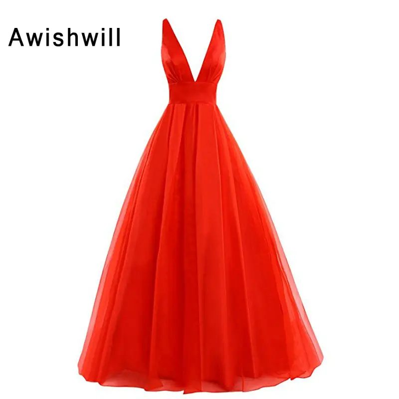 

Sexy Deep V-neck Red Long Prom Dresses 2019 Backless A-line Floor Length Evening Party Dress Vestido de Festa Real Photo
