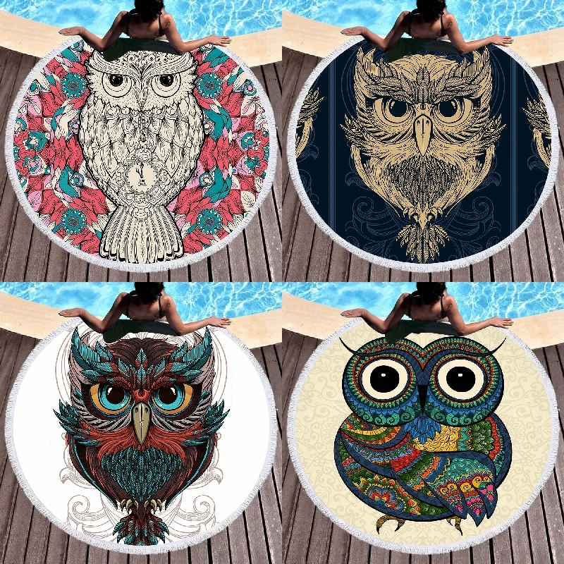 Owl Round Beach Towel Microfiber Tassel Tapestry Yoga Mat Adult Kid Cartoon Owl Towels Blanket Large 150cm Bath Towel