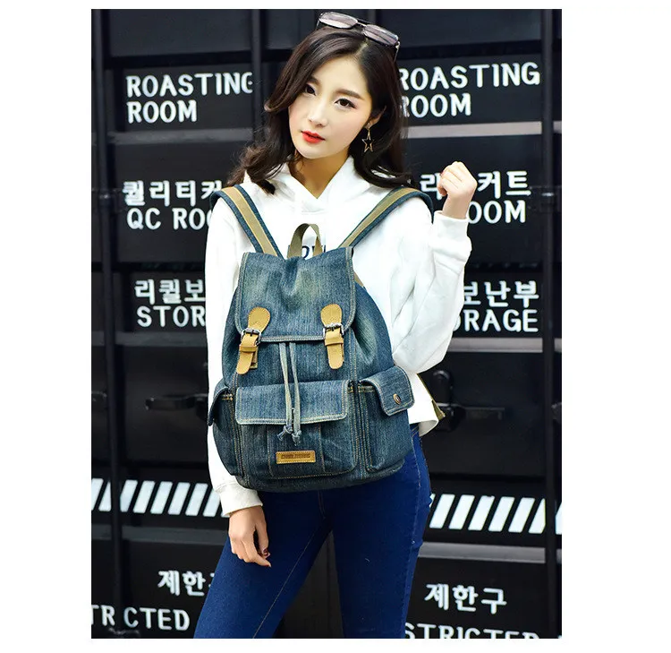 Micom Vintage Denim Backpack Women Mens Backpacks for Travelling School Bags For Teenagers Girls Large Capacity Drawstring Belts (6)