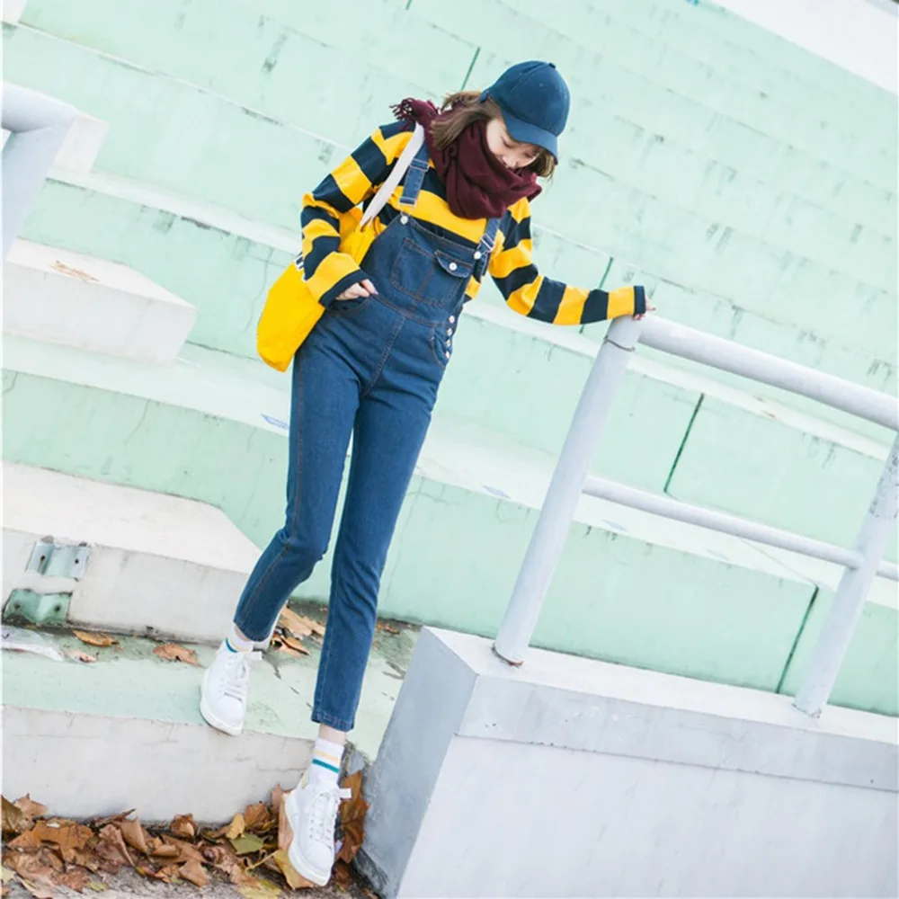 

Women Denim Overalls High Waist Fashion Adjustable Strap Jumpsuit Jeans Pants Female Trousers Light Blue Slim Denim Rompers Bib