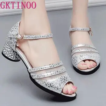 

GKTINOO Fashion 2019 Women Sandals Genuine Leather Summer Square High Heels Women Shoes Wedding Shoes Sandalia Mujer