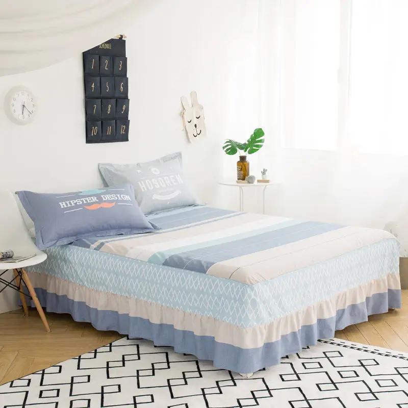 Зеленая и белая полосатая хлопковая одно-, двуспальная кровать юбка матрас простыни постельные принадлежности различные стили - Цвет: 03
