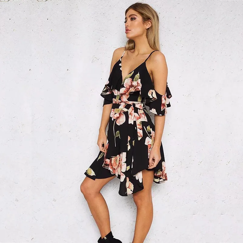 yinlinhe White Floral Women Dress Short Sleeve V neck Sexy Cold Shoulder Summer Dress Backless Irregular Elegant Vestidos5
