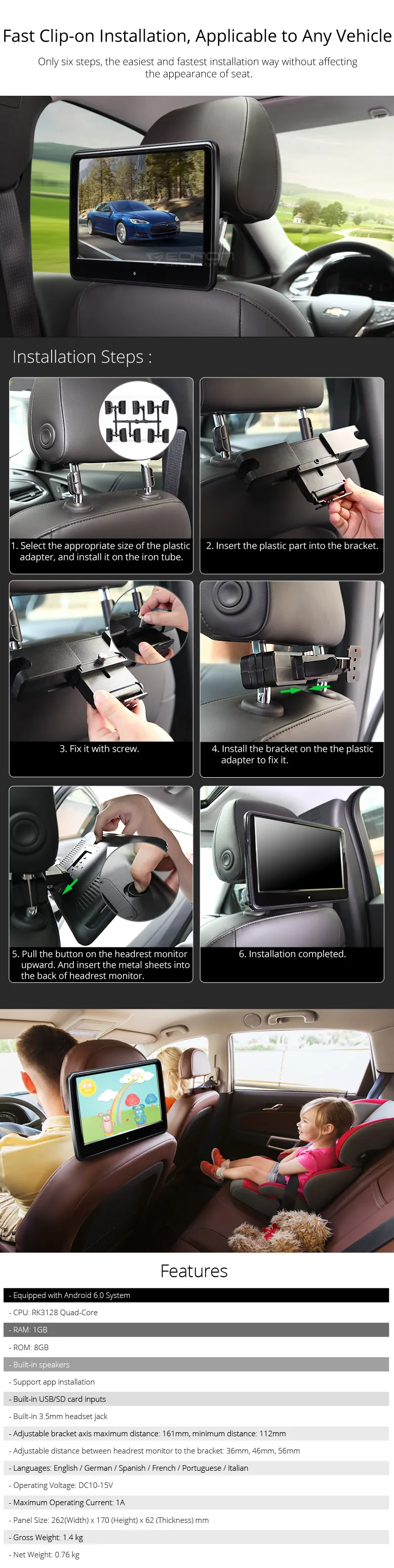 Excellent 10.1" Quad Core Android 6.0 OS Car Headrest DVD Headrest Car DVD Headrest Car Monitor DVD with App Installation Support 2