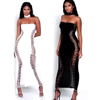 

New arrival club party maxi dresses sexy hollow out long striped black red white strapless women bodycon bandage dress H168