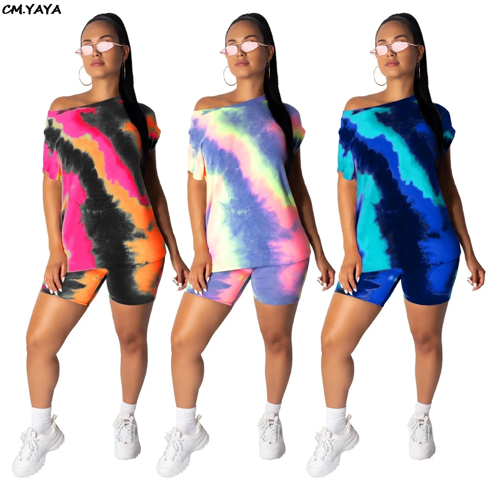 

2019 women summer tie dye galaxy print short sleeve t-shirt top & shorts suit two piece set sporting tracksuit outfit GLGL6170