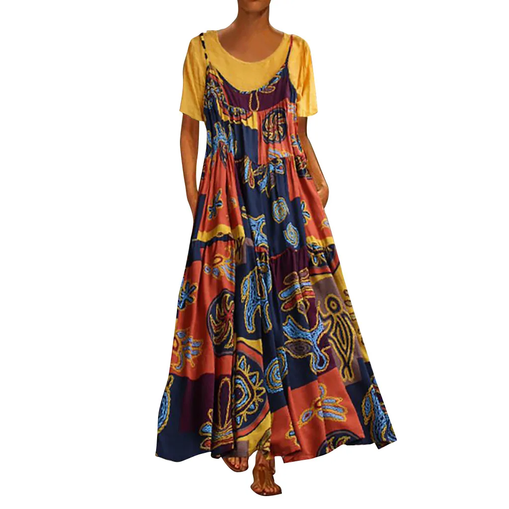 

JAYCOSIN 2019 New Summer Dress Women Patchwork 2 piece O-Neck Short Sleeve Print Vintage Maxi Long dress vestido robe femme 9709
