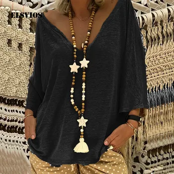 

ELSVIOS Plus size women Sexy deep V neck Loose blouse tops summer half sleeve solid blusa pullover Harajuku 5XL