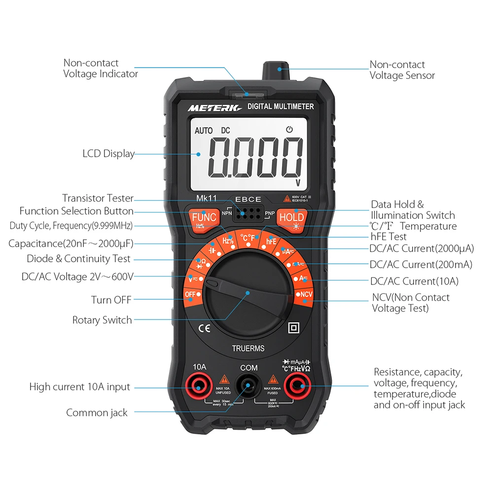 Meterk Цифровой мультиметр RMS автонастройка вольтметр DMM Омметр измерения HFE бесконтактный Тестер Напряжения С Подсветка ЖК дисплей и фонарик