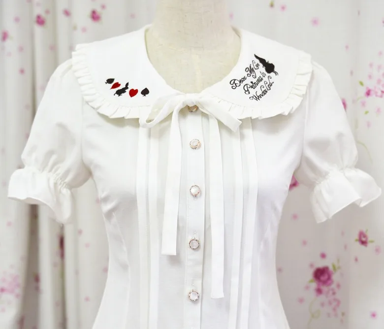 Японская Милая белая блузка с вышитым воротником и надписью «Алиса кролик» для девочек топы с длинными/короткими рукавами