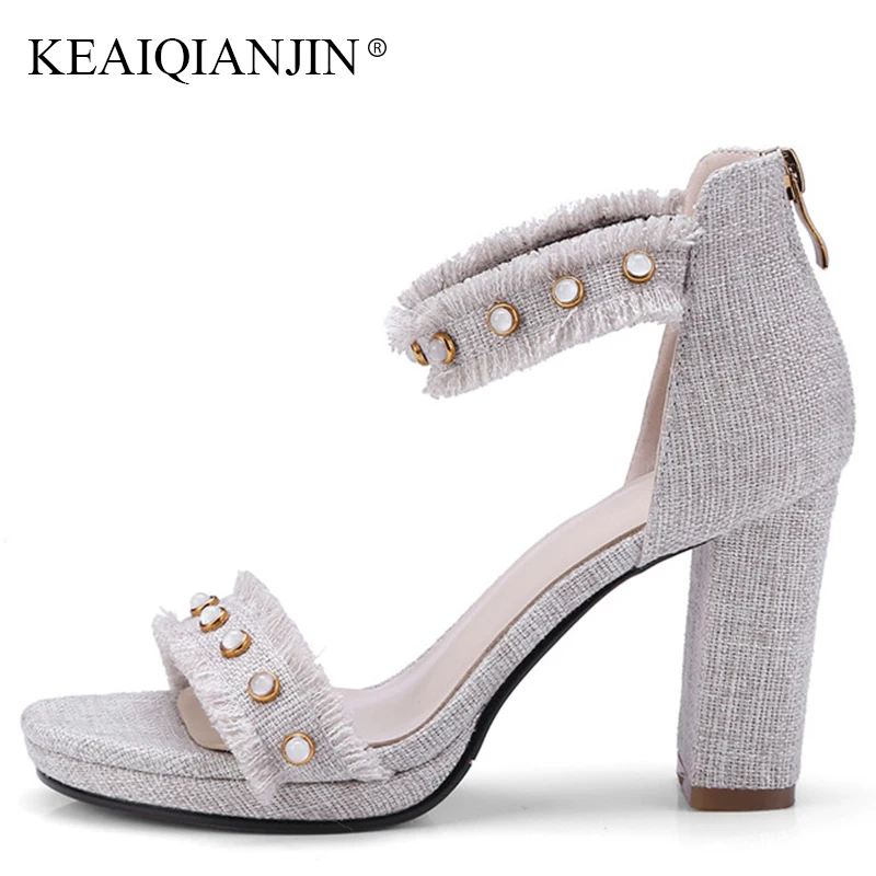 

KEAIQIANJIN Woman Genuine Leather Open Toe Rivet Sandal Fashion Blue Beige High Heels Shoes Summer Gladiator Peep Toe Sandals