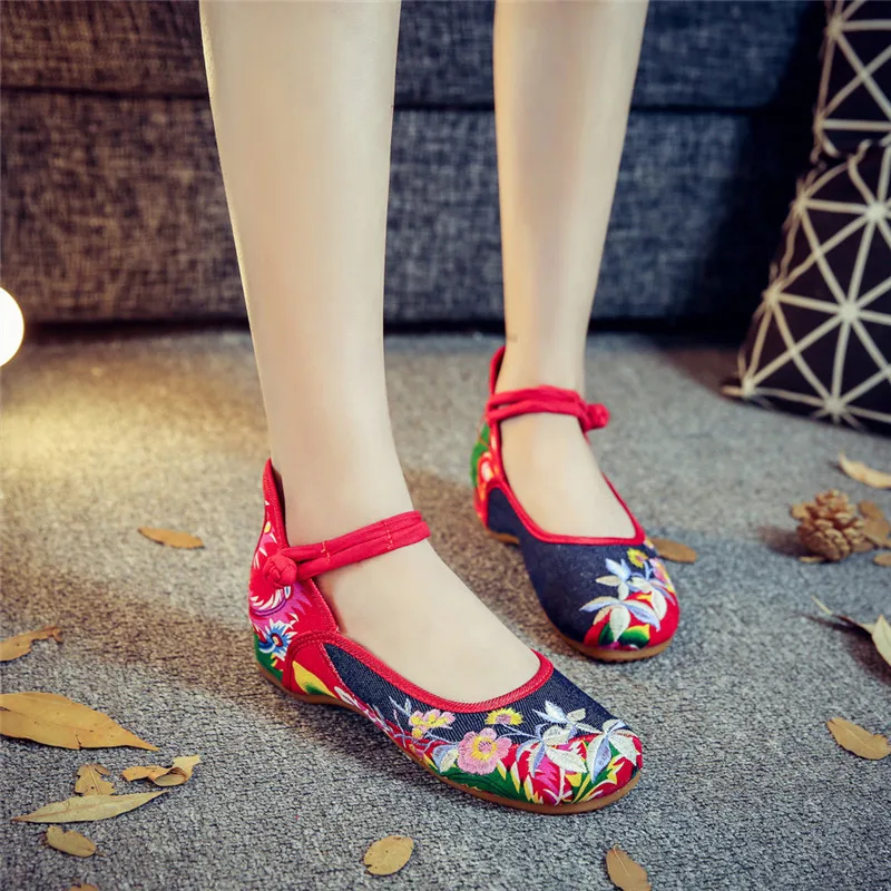 

Handmade Vintage Women's Old Beijing Mary Jane Floral PrintFlats Chinese Embroidered Cloth Casual Denim Shoes Woman Big Size 43