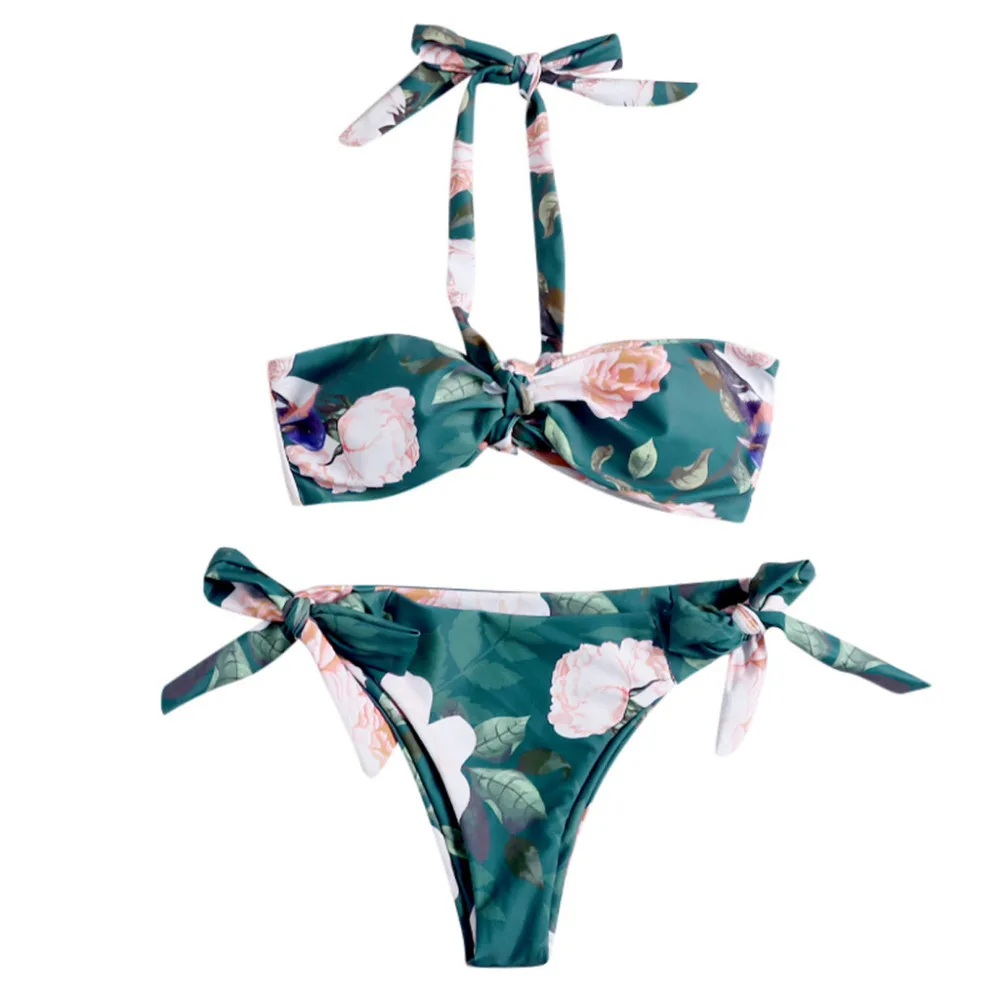2019 Woman hanging neck green leaf print sexy split bikini suit swimsuit beach sports swimsuit push up mujer brasile 40M29 (2)