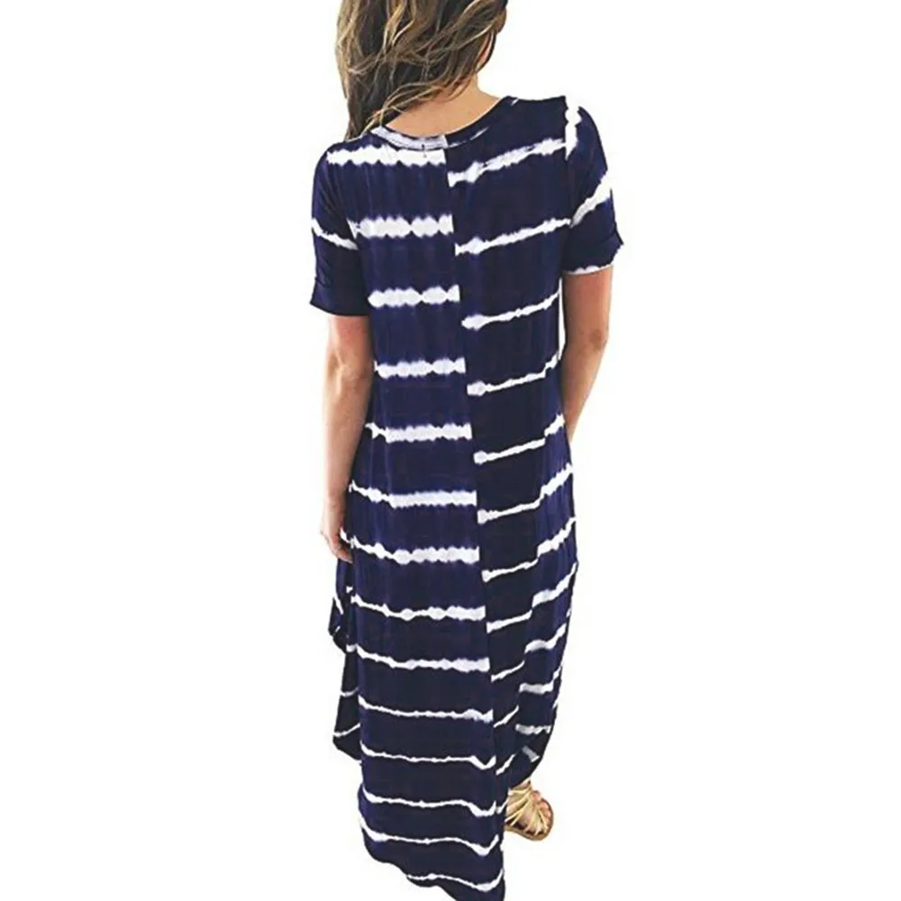 مخطط فستان صيفي بأكمام قصيرة جيب انقسام غير النظامية تنحنح لونغ بيتش اللباس عارضة طويلة فتاة قمم اللباس vestidos دي فيرانو