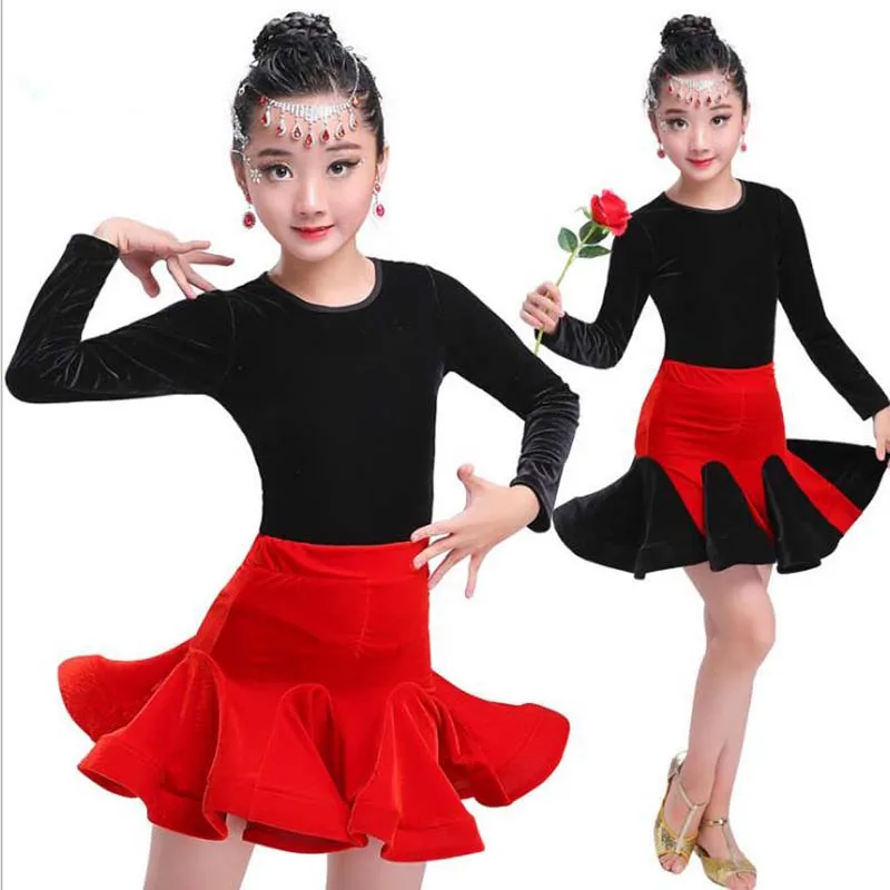 

dance latin Dresses flamenco skirts Girls Party vestidis baile latinos latin competition dress for Girl Winter Long Sleeve