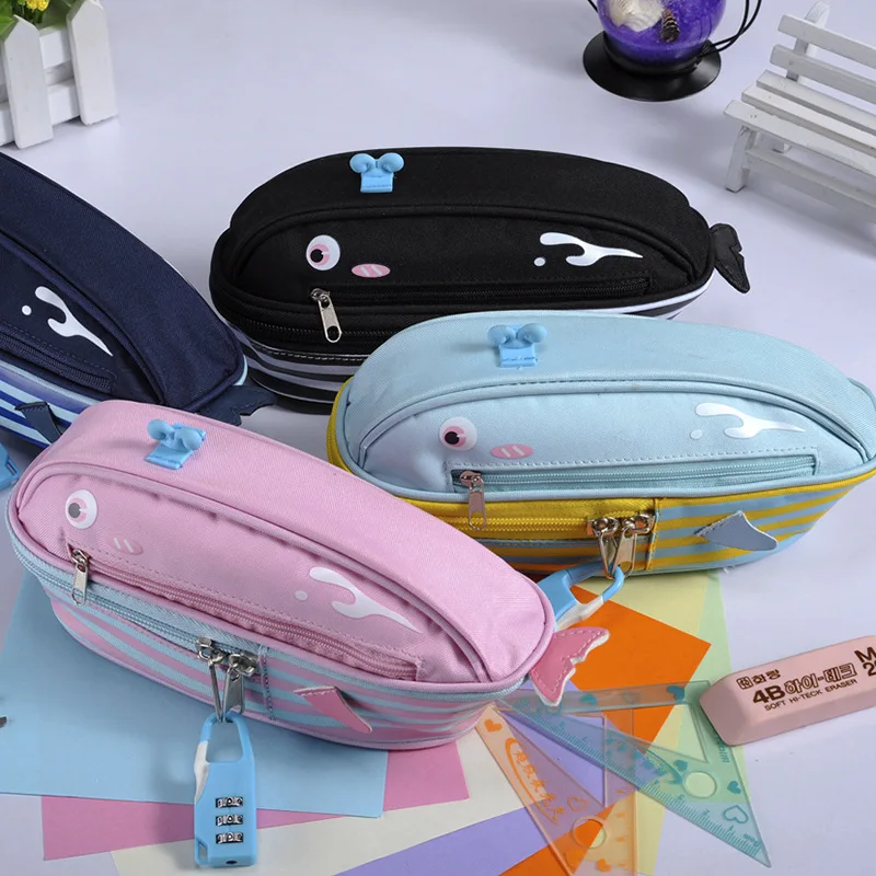 

1pc cartoon ocean whale Pencil Case canvas Pen Bag Storage Bag Stationery School Supplies with Lock color random