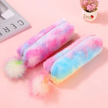 

1 Pcs Kawaii Rainbow Color Plush Hairball School Pencil Case for Girls Large Capacity Zipper Pencil Bags Stationery Pouch Box