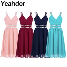 Детское шифоновое платье со стразами и блестящими пайетками для девочек праздничное платье на день рождения Широкие бретельки с v-образным вырезом для торжественных случаев