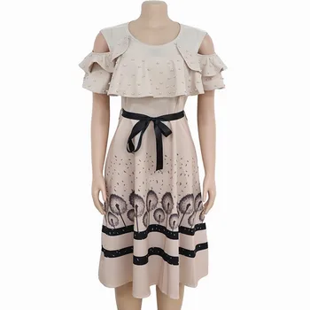 

African Clothes For Women Summer New Arrival Office Women Dress 3 Color Solid Oansatz Short Belt Women Midi Dress