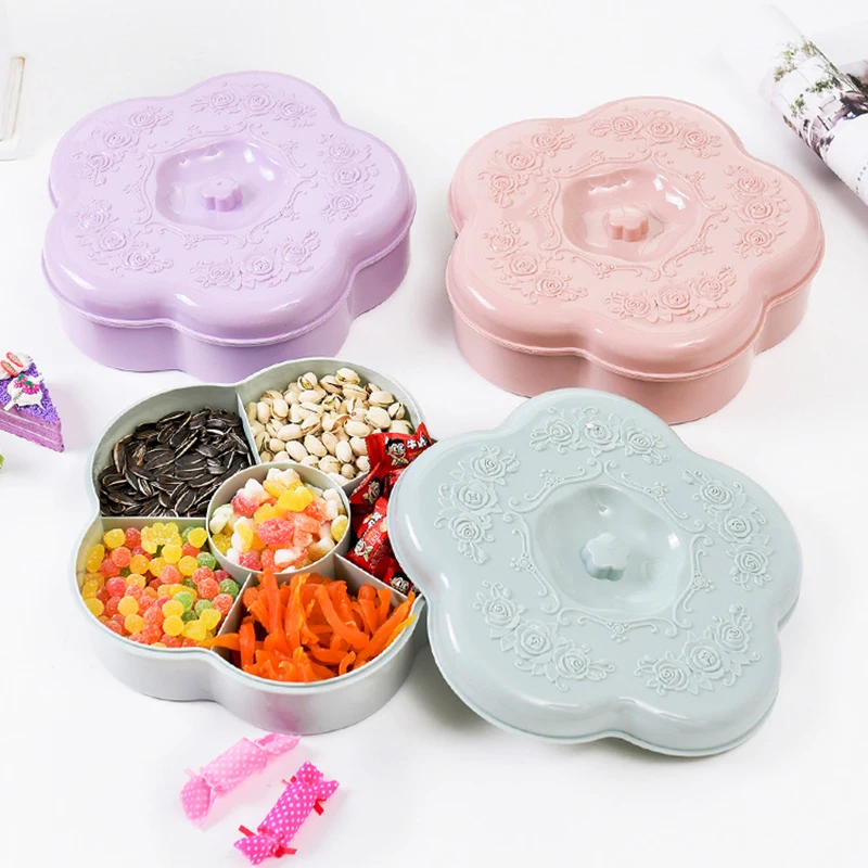 

Multifunction Snack Candy Storage Box With Lid Plum Flower 6Grid Food Nut Organizer Kitchen Livingroom Accessories Case