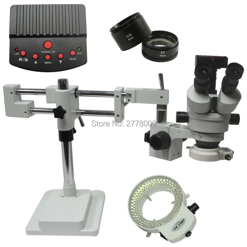 

3.5X-90X Double Arm Boom Stand Trinocular Stereo Zoom Microscope 1080P HDMI USB Industrial Microscope Camera 144 LED Lights